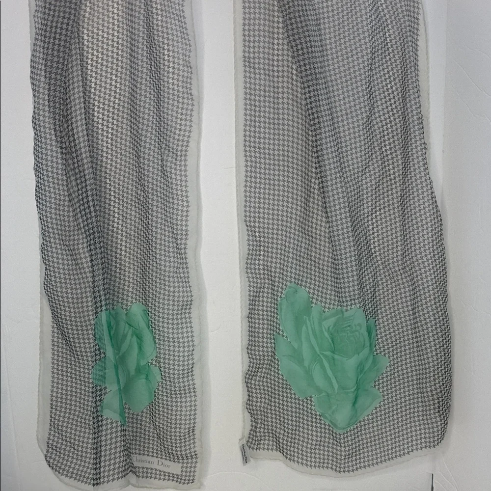 Vintage Christian Dior Houndstooth Scarf /wrap with Green Rose